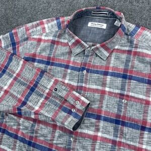 TOMMY BAHAMA Sarasota Stretch Button Down Shirt Men's L Red White Blue Plaid USA